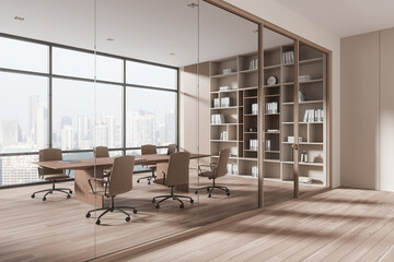 Modern glass office room interior with meeting table and shelf, panoramic window