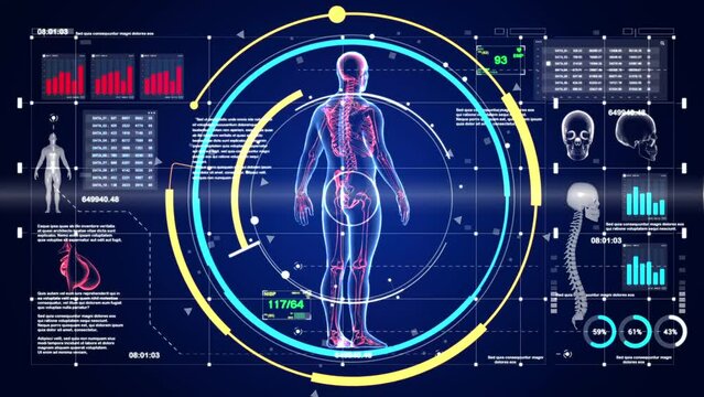 A computer monitor displays a human body with a heart and a spine. The image is a representation of the human body and its organs