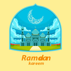 Ramadan kareem illustrations of mosques and views of clouds and calligraphy