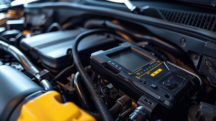 An OBDII scanner or dealer level diagnostics tool is used to repair or maintain an open engine bay on a SUV.