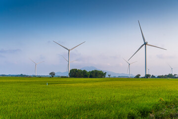 view of turbine green energy electricity, windmill for electric power production, Wind turbines generating electricity on rice field at Phan Rang, Ninh Thuan province, Vietnam