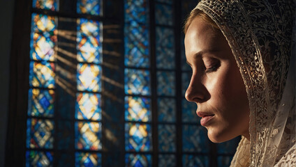 A woman in a headscarf prays and confesses in church. - obrazy, fototapety, plakaty