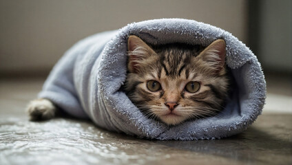 Cute wet kitten in a blue towel.