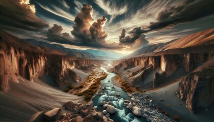 Dramatic Canyon Landscape with Serene River - obrazy, fototapety, plakaty