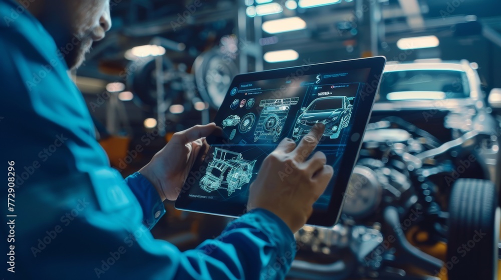 Poster using an augmented reality diagnostics software on a tablet computer, a technician inspects the engi
