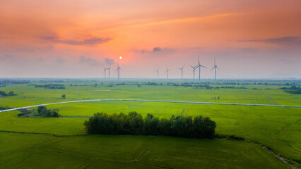 view of turbine green energy electricity, windmill for electric power production, Wind turbines generating electricity on rice field at Phan Rang, Ninh Thuan province, Vietnam