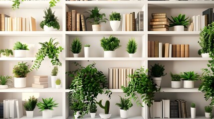 A cozy room with wooden bookshelves filled with books and adorned with plants. - obrazy, fototapety, plakaty