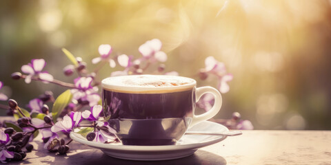 Fototapeta premium Coffee cup with spring flowers on wooden table in the garden, copy space