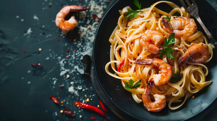 Italian pasta fettuccine in a creamy sauce with shrimp on a plate on dark background, top view. Copy space. Healthy whole grain linguine with shrimps, cherry tomatoes, fresh Parmesan cheese, parsley