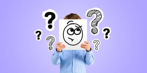 Child holding placard with pensive emoticon, question marks doodle - obrazy, fototapety, plakaty