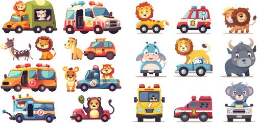 Zoo taxi, public bus and delivery truck. Ambulance and police animals drivers lion