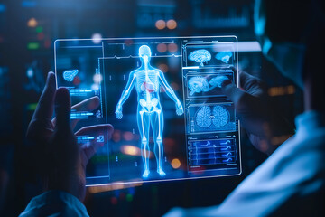 A doctor carefully examines a virtual x-ray projection with focused attention. The integration of advanced technology in medical diagnostics. Generative AI.