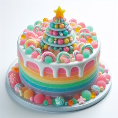 a cute delicious christmas cake made of pastel color rainbow gummy candy on a white background