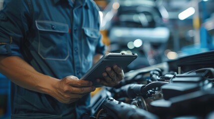 Work as a mechanic in a car service center by using a tablet and OBD and OBD2 devices to diagnose problems in your garage or repair shop. - obrazy, fototapety, plakaty