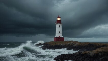 Fototapeta na wymiar Moody seascape with a lighthouse standing tall. Strong waves crash against the rocky coastline