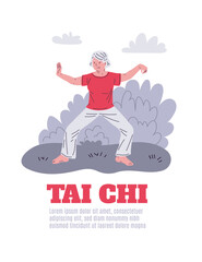 Vector illustration on a white background of tai chi exercises for the elderly in nature