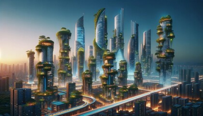 Futuristic Cityscape with Vertical Gardens at Dusk