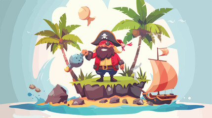 Happy pirate on island with a bomb Flat vector isolated