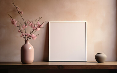 Fototapeta premium a white frame next to a vase with pink flowers