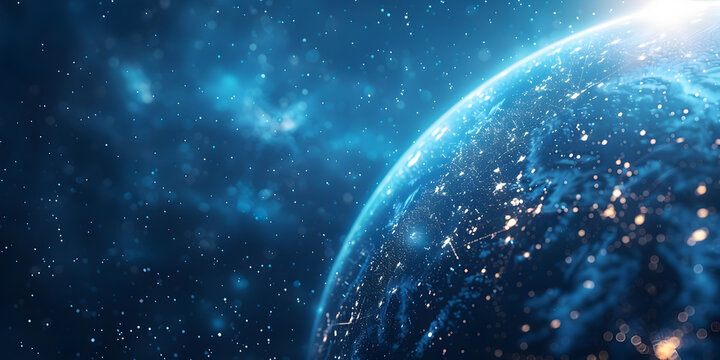 Planet earth globe view from space showing realistic earth surface and world map, The planet earth in the starry galaxy creative digital illustration painting


