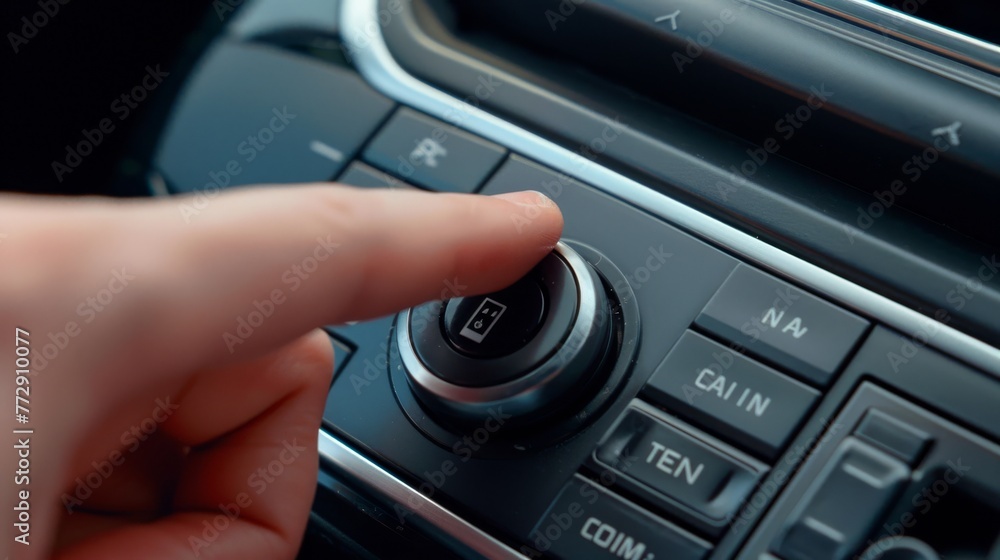 Poster using your hand to push the power button to turn on the car stereo.
