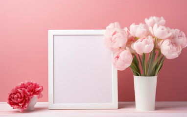 a white frame with pink flowers in a vase