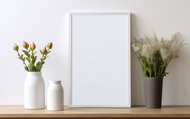 a white frame with flowers in vases on a shelf