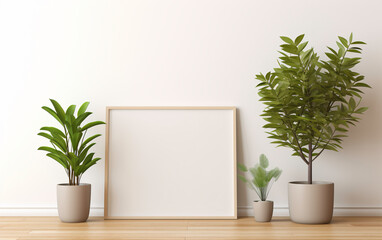 a frame and potted plants on a wood floor
