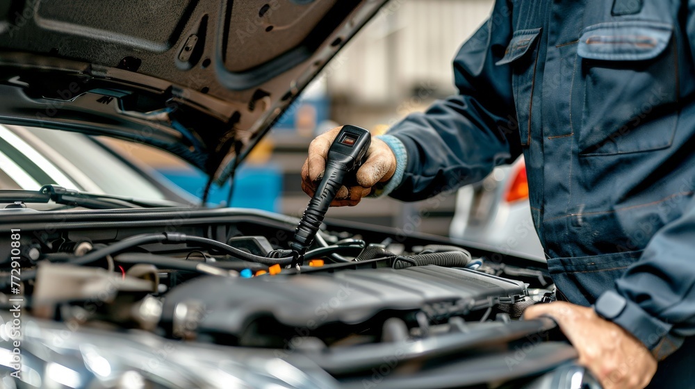 Poster a mechanic uses a scan tool to diagnose a car under the hood. he checks the engine for problems befo