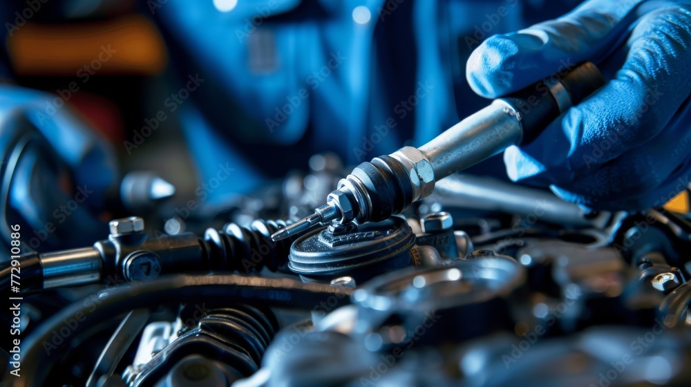 Poster mechanic with screwdriver repairing engine after scanning errors with software in modern auto repair