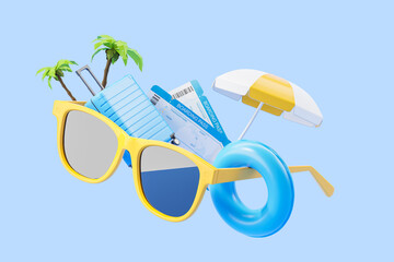 Eyeglasses, boarding pass and beach umbrella, holiday concept