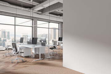 White industrial open space office corner with blank wall - 772910845
