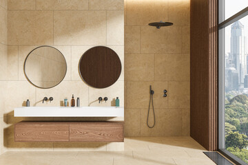 Yellow bathroom interior with double sink and shower - obrazy, fototapety, plakaty