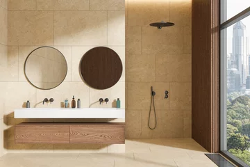 Foto op Plexiglas Yellow bathroom interior with double sink and shower © ImageFlow