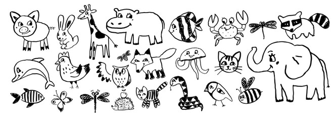 Vector line art illustration set of child drawings of cute animals