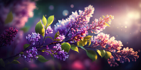 Purple Lilac Flowers background. Beautiful spring nature scene with blooming lilac flowers. Floral...