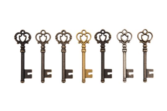Row of Keys Arranged Neatly. On a White or Clear Surface PNG Transparent Background..
