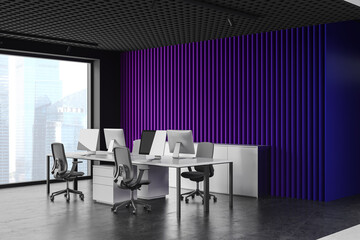 Naklejka premium Purple office coworking interior with table and pc monitors, drawer and window