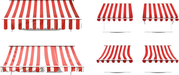 Realistic striped store sunshade awning, shop canopy - obrazy, fototapety, plakaty