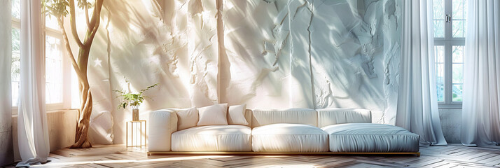 Light-Filled Elegance: A Modern Living Room with White Curtains and Soft Furnishings, Radiating Serenity and Grace