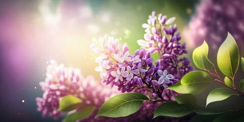 Lilac flowers background. Beautiful spring nature scene with blooming lilac flowers. Floral background for decoration, banner and greeting card for Birthday, Mother's Day, Women's Day, Wedding