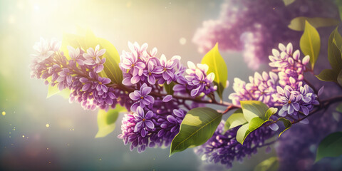 Branch of lilac flowers on a blurred background with bokeh. Beautiful Floral background for decoration, banner and greeting card for Birthday, Mother's Day, Wedding