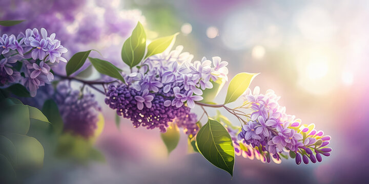 Lilac flowers background. Beautiful spring nature scene with blooming lilac flowers. Floral background for decoration, banner and greeting card for Birthday, Mother's Day, Wedding