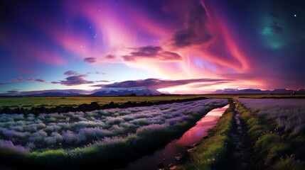 a field of flowers with a stream in front of a purple sky - obrazy, fototapety, plakaty