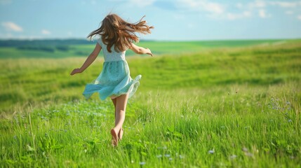 A girl running in the green field. A female in a dress in the summer field. Natural landscape. Bounding with nature.