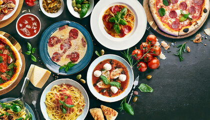 Fototapeta na wymiar table of italian meals on plates Pizza, pasta, ravioli, carpaccio