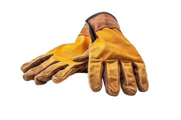 Yellow Leather Work Gloves on White Background. On a White or Clear Surface PNG Transparent Background..