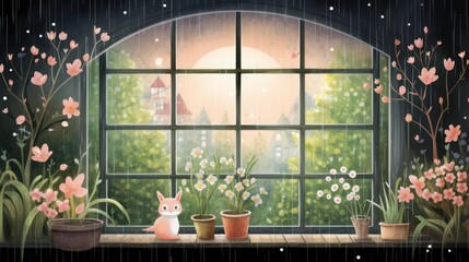 Illustration of a house glass window and flowers, with a view of the outside of the house and rainwater in the background.