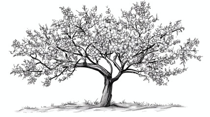 Ink sketch of dry cherry tree. Isolated on white background