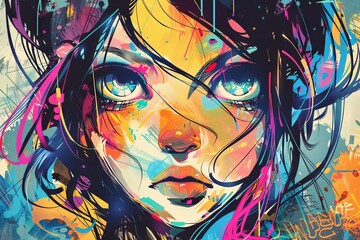 Beautiful anime girl graffiti artist, urban street art, colorful digital illustration
